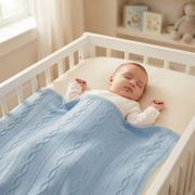 Baby Light Blue Knitted Blanket with Fleece Lining Soft and Warm