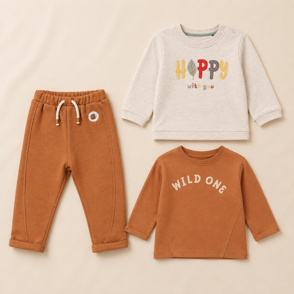 Baby Boys 2 T-Shirts & Pant Everyday Outfit Bundle - Cream & Brown