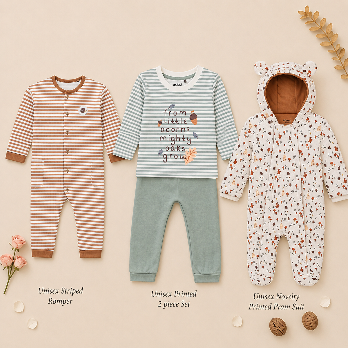 Baby Boys Hooded Sleepsuit, Romper & Co-ord Set Outfit Bundle - Cream, Brown & Sage Green
