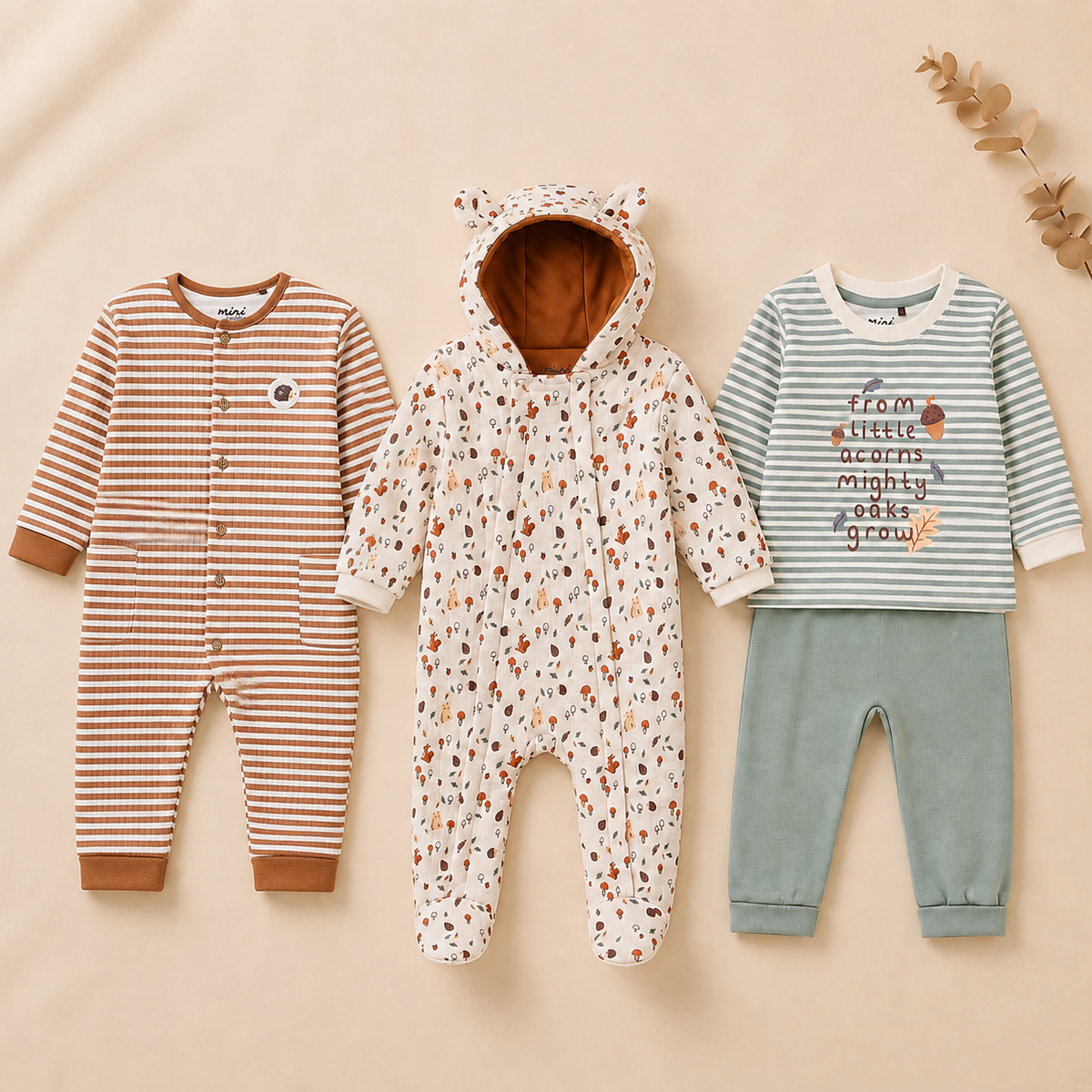Baby Boys Hooded Sleepsuit, Romper & Co-ord Set Outfit Bundle - Cream, Brown & Sage Green