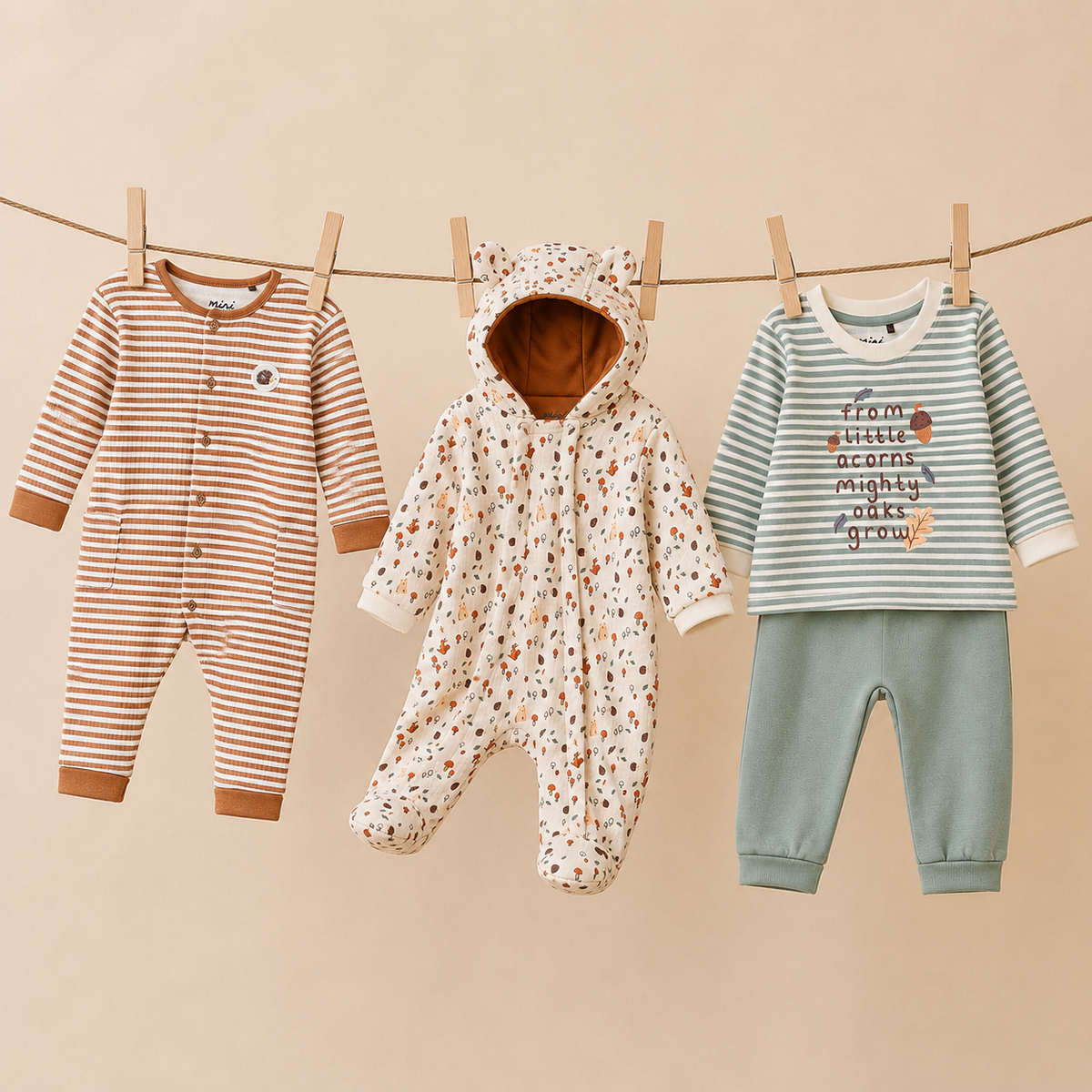 Baby Boys Hooded Sleepsuit, Romper & Co-ord Set Outfit Bundle - Cream, Brown & Sage Green