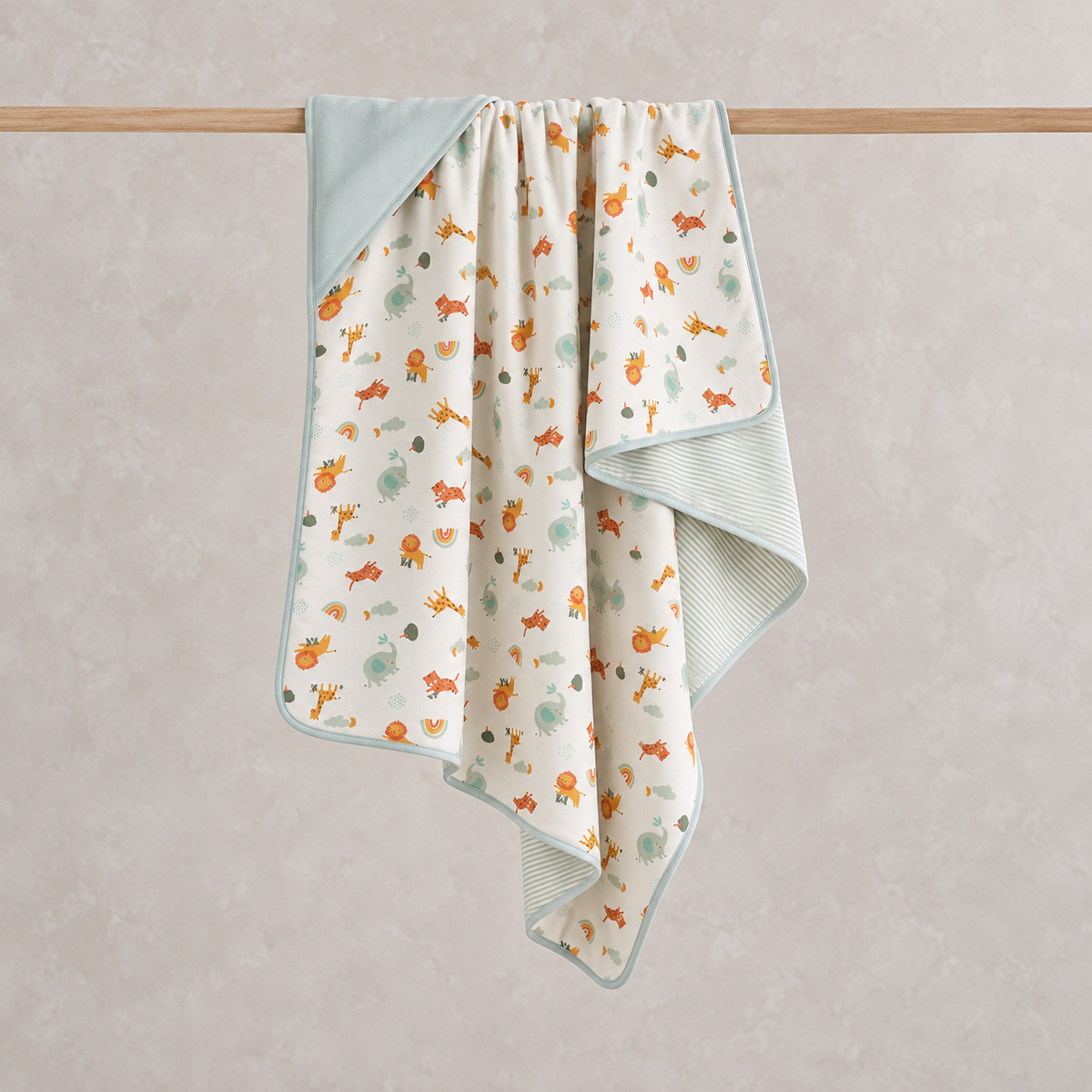 Baby Unisex White And Aqua Cotton Reversible Animal Printed Hooded Wrapper