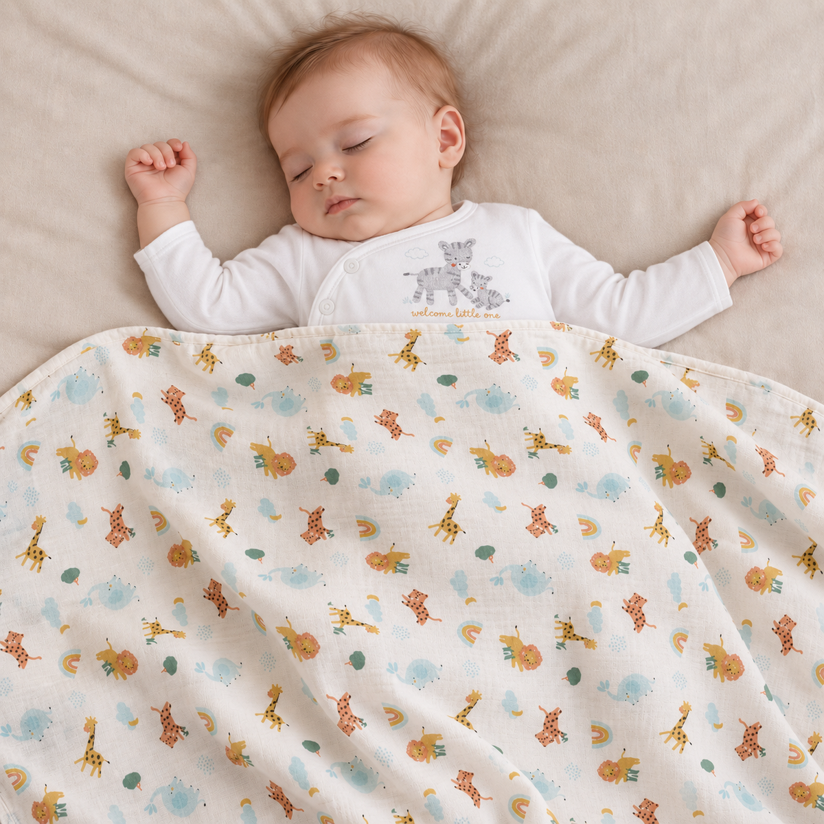 Baby Unisex Solid & Animal Printed Muslins Pack of 2, Multicolour