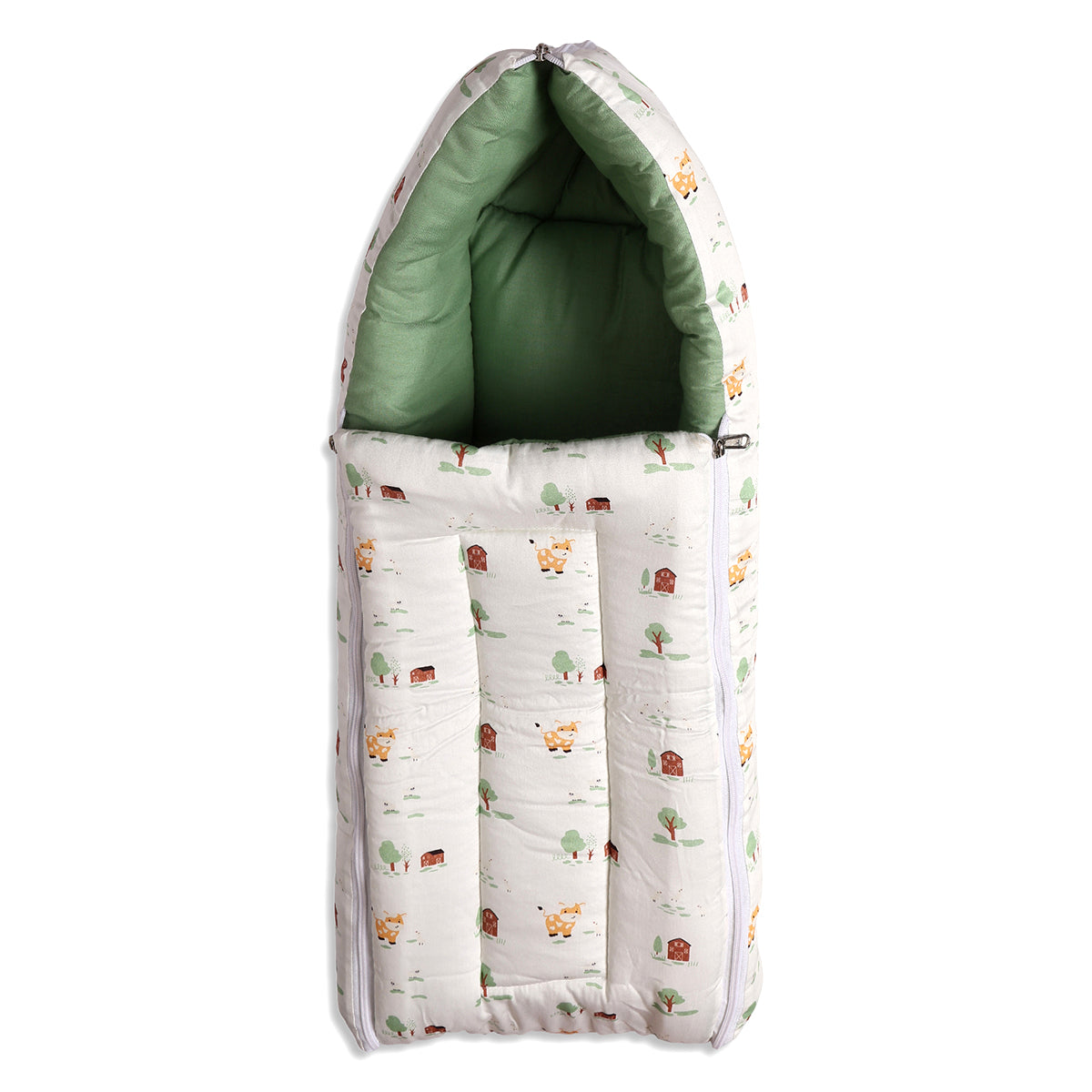 Baby Cosy Carry Nest With Farm Animal Print In White And Green