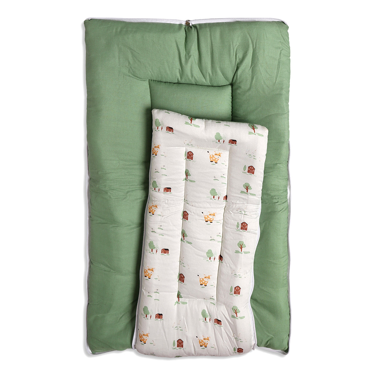 Baby Cosy Carry Nest With Farm Animal Print In White And Green