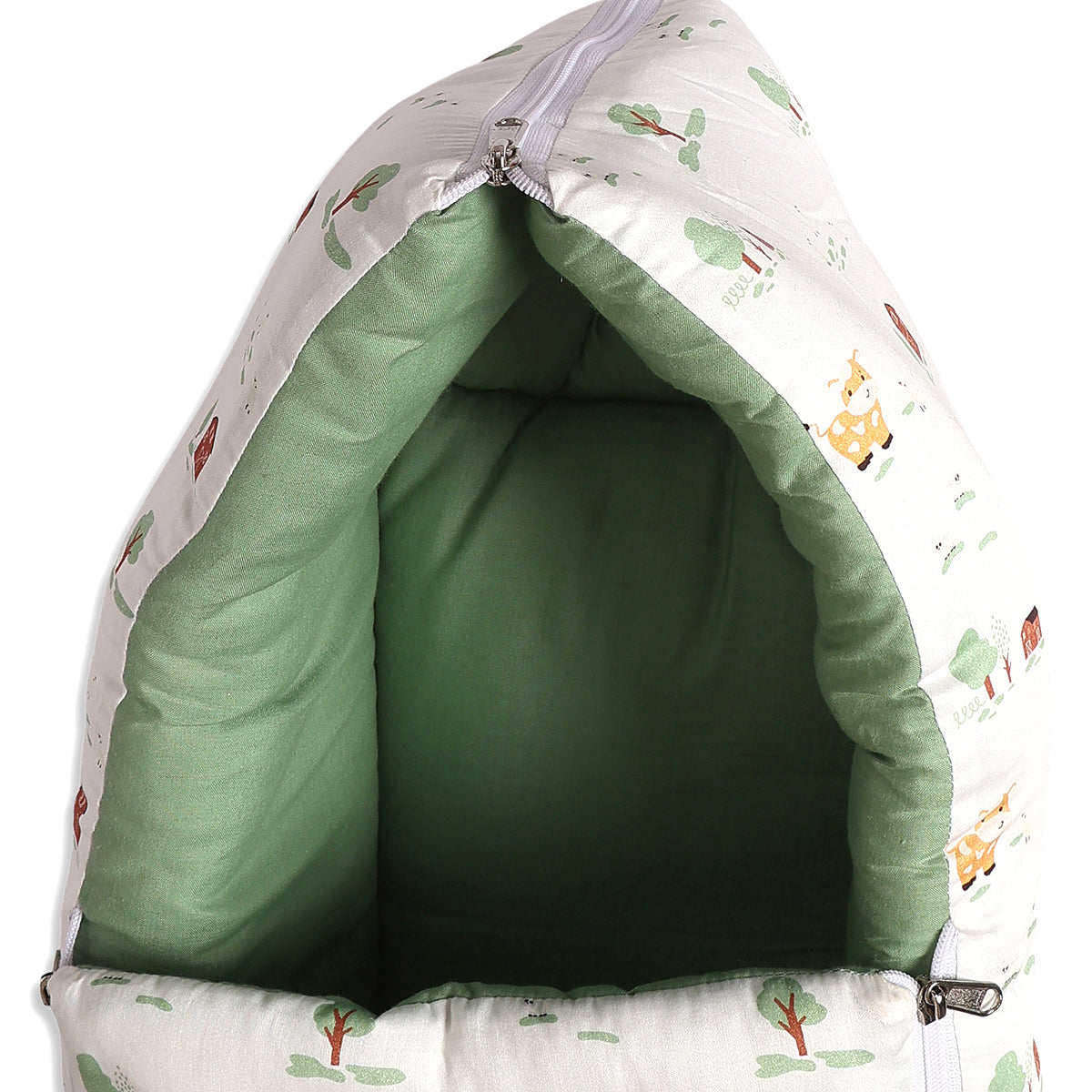 Baby Cosy Carry Nest With Farm Animal Print In White And Green