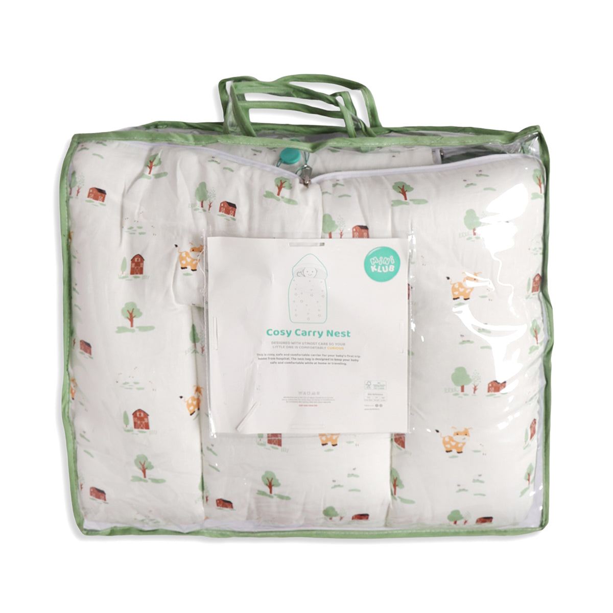 Baby Cosy Carry Nest With Farm Animal Print In White And Green