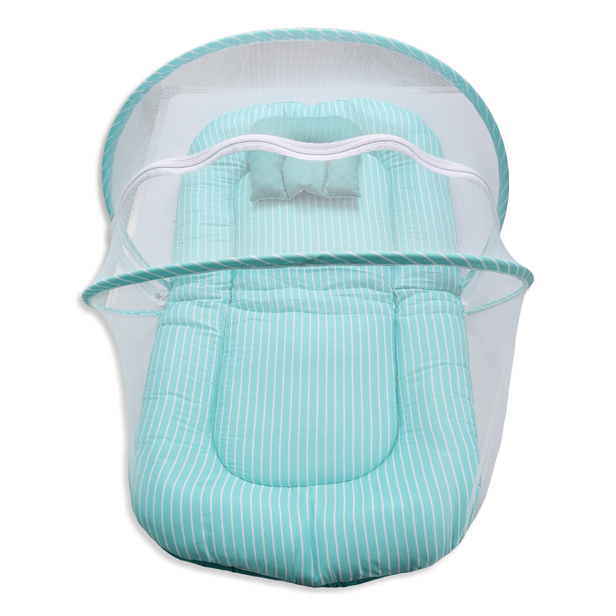 Baby Mosquito Net Bedding Set With Stripe Pattern In Green