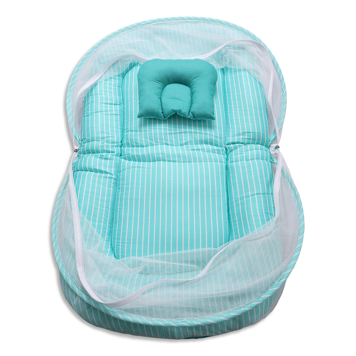Baby Mosquito Net Bedding Set With Stripe Pattern In Green