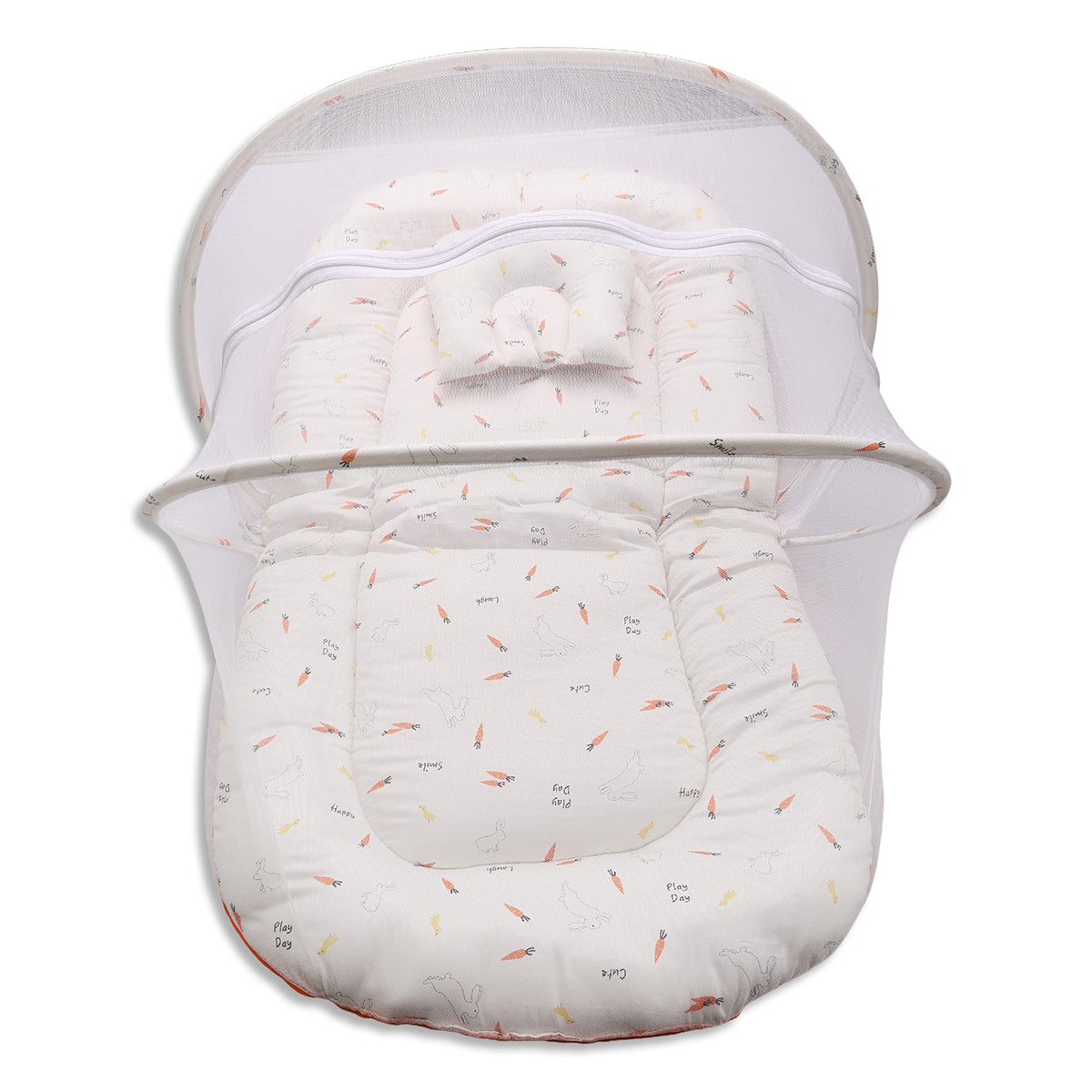 Baby Mosquito Net Bedding Set With Bunny And Carrot Print In White And Orange