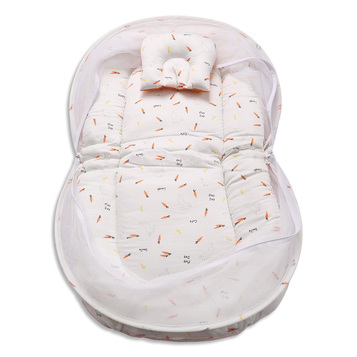 Baby Mosquito Net Bedding Set With Bunny And Carrot Print In White And Orange