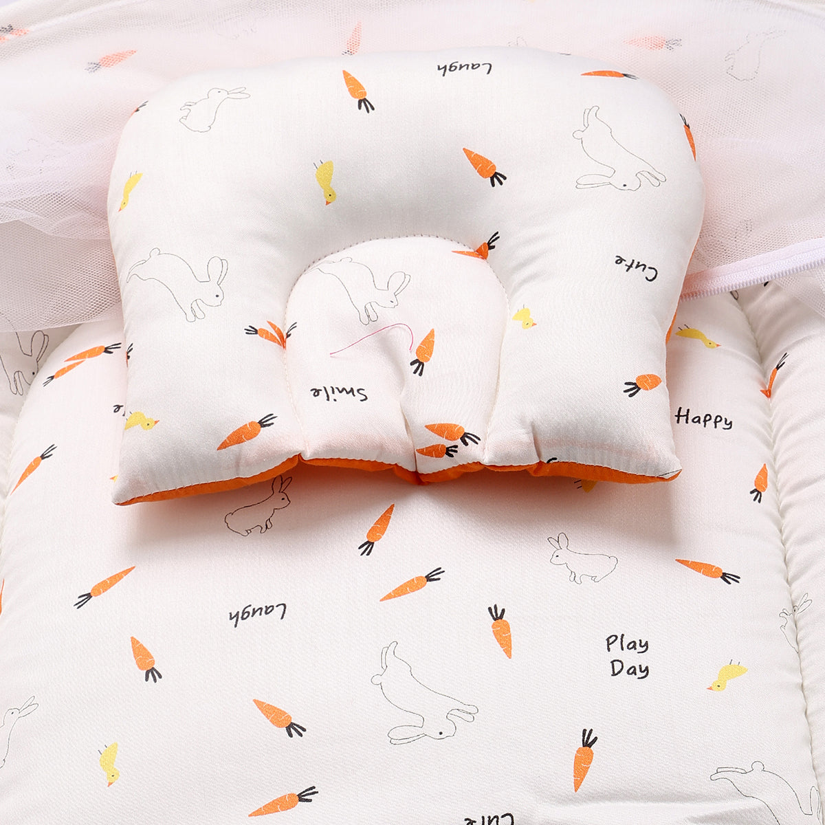 Baby Mosquito Net Bedding Set With Bunny And Carrot Print In White And Orange
