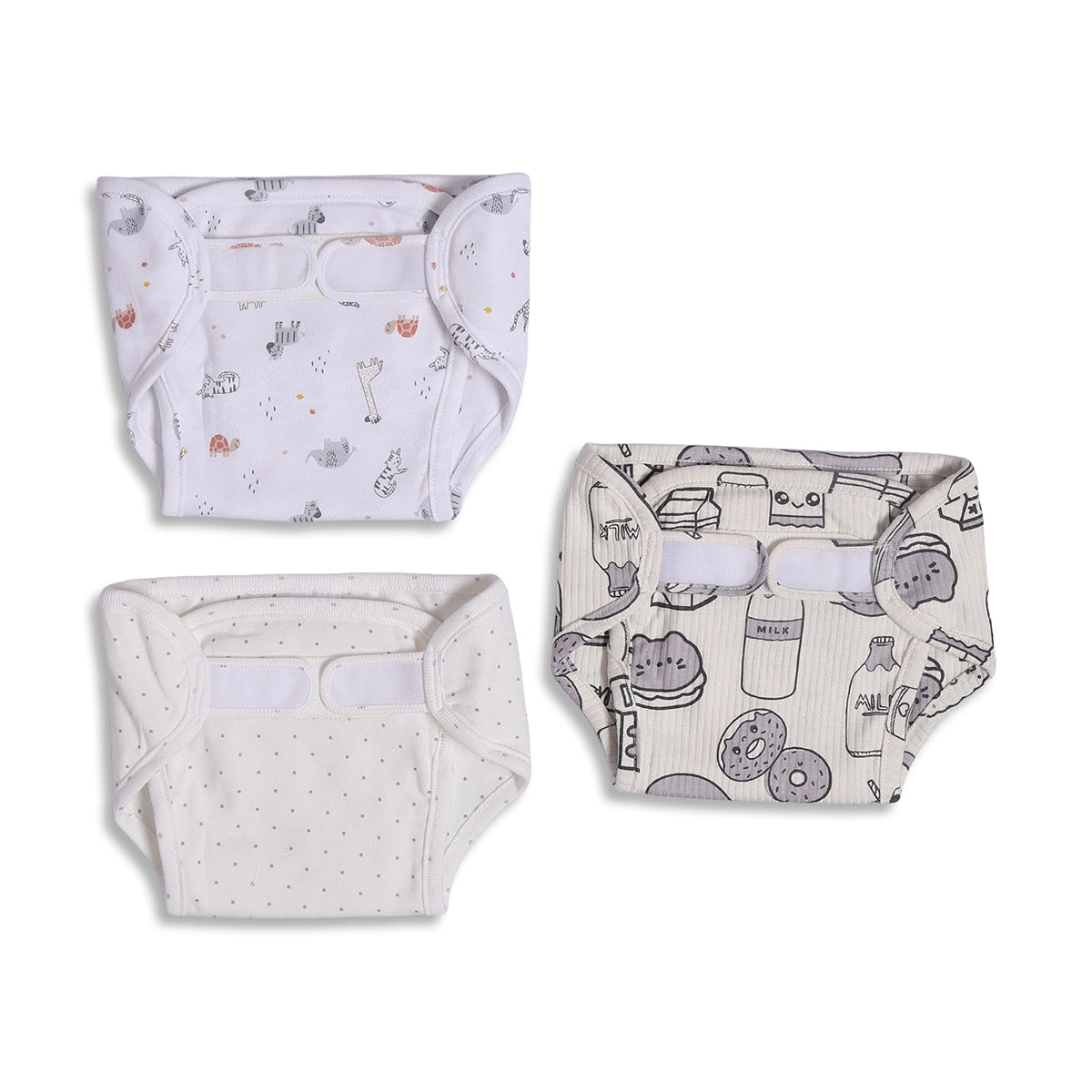 Baby Unisex White and Grey Printed Reusable Diaper Pack of 3 Regular Fit Baby Essentials
