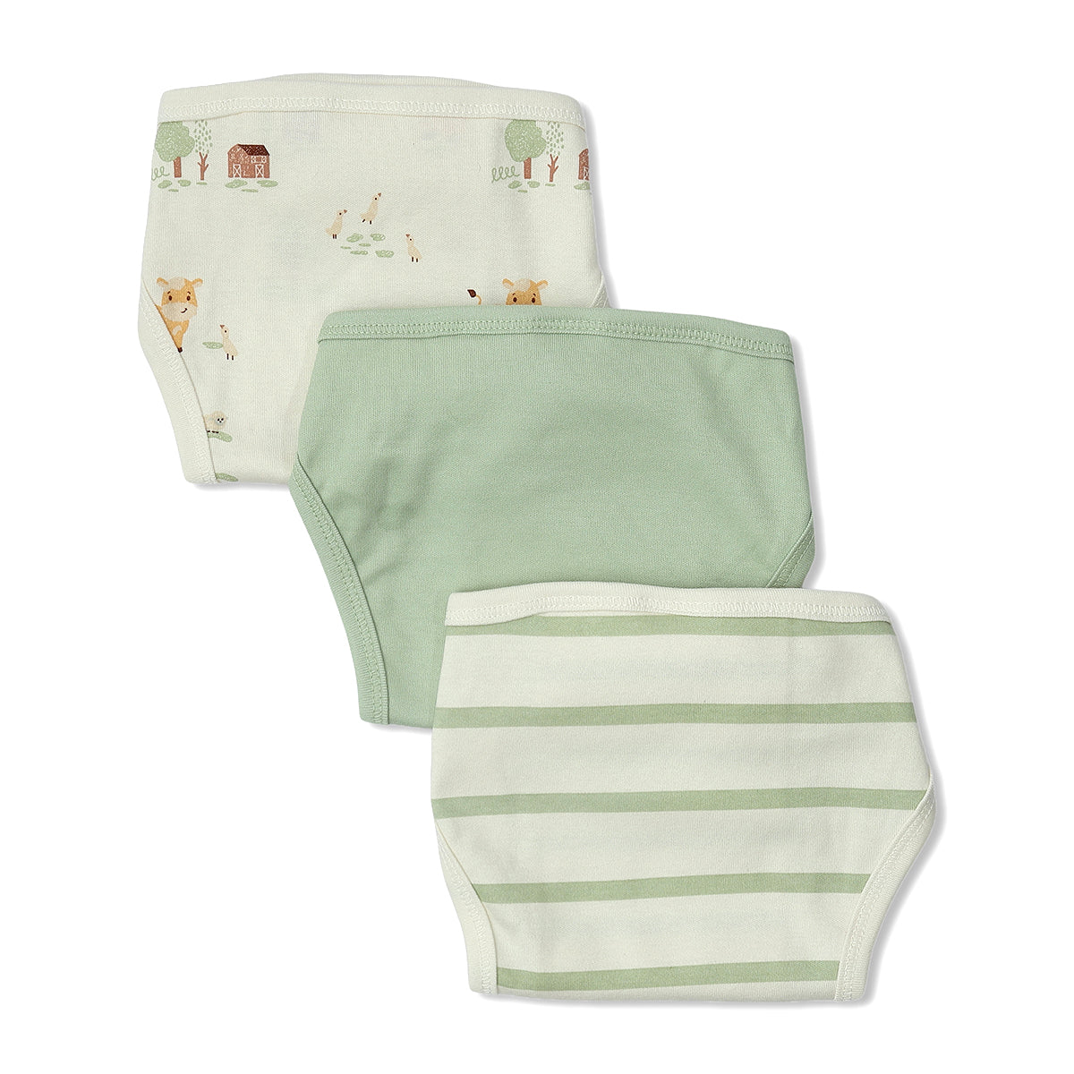 Baby Unisex Animal Print, Solid And Striped Training Pants Pack Of 3, Green And Cream