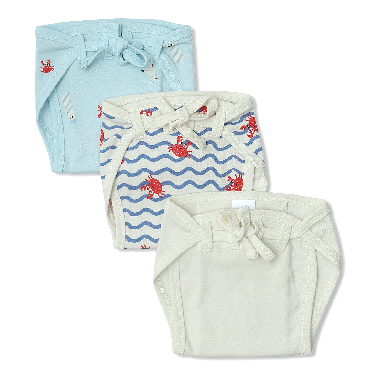 Baby Unisex Crab Print, Solid And Wave Print Training Pants Pack Of 3, Blue And Cream