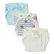 Baby Unisex Crab Print, Solid And Wave Print Training Pants Pack Of 3, Blue And Cream