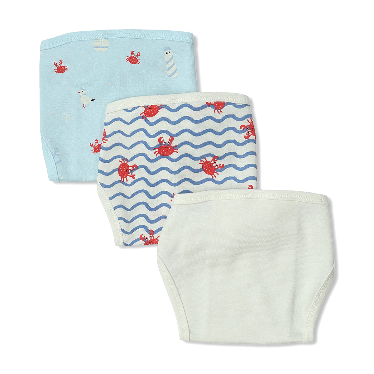 Baby Unisex Crab Print, Solid And Wave Print Training Pants Pack Of 3, Blue And Cream