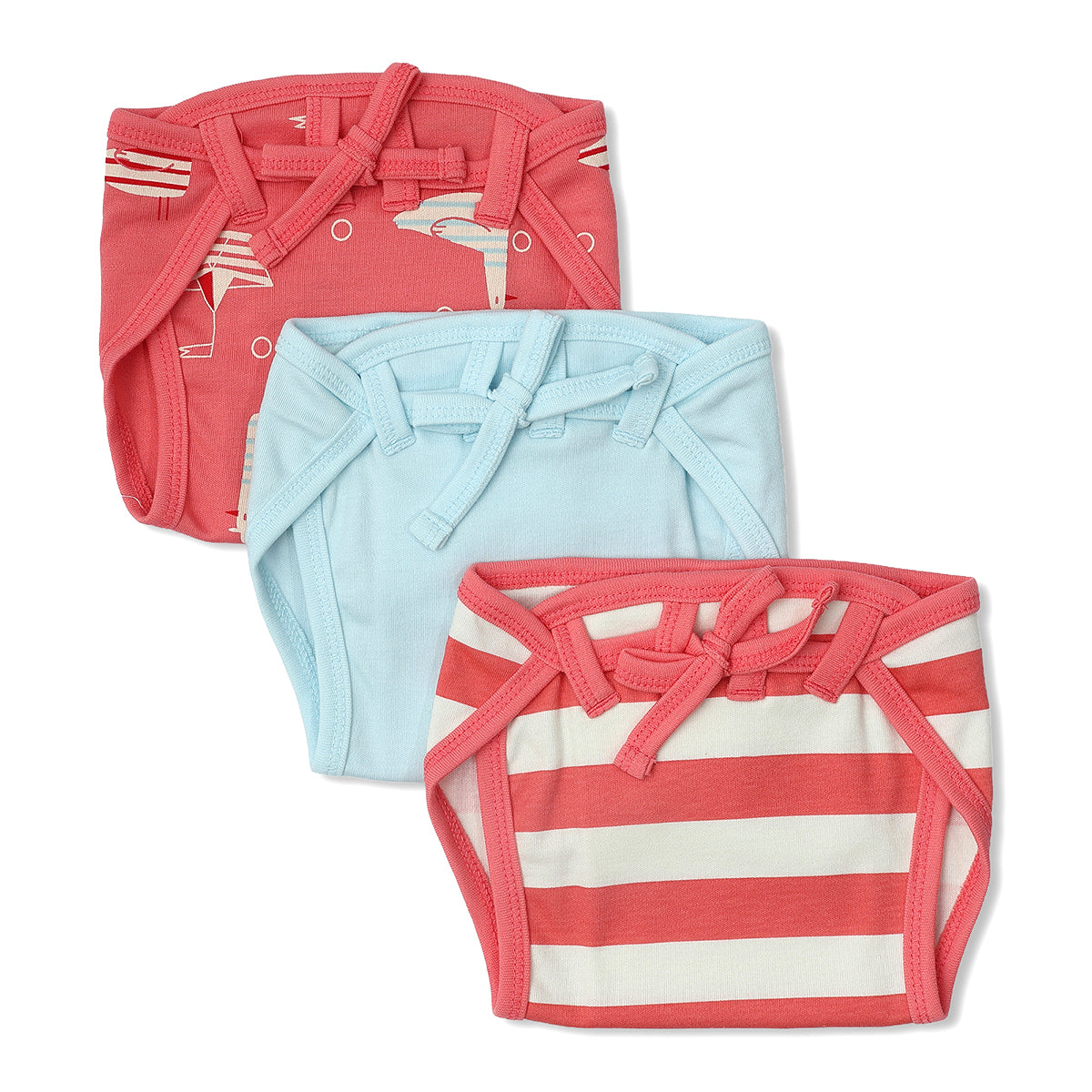 Baby Unisex Bird Print, Solid And Striped Training Pants Pack Of 3, Coral And Blue