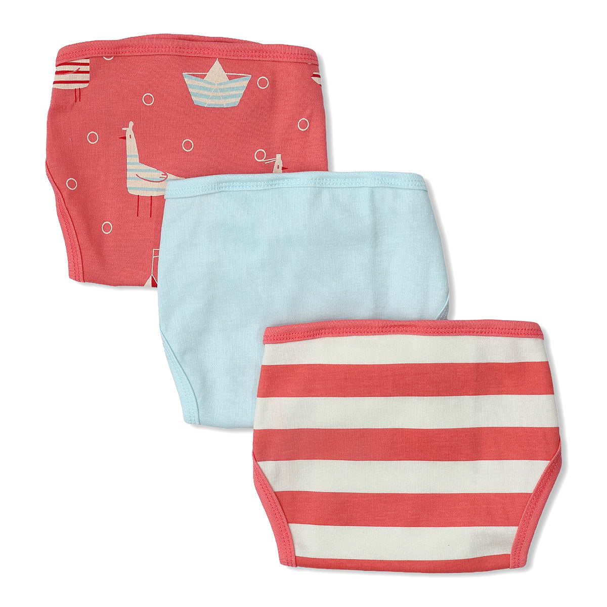 Baby Unisex Bird Print, Solid And Striped Training Pants Pack Of 3, Coral And Blue