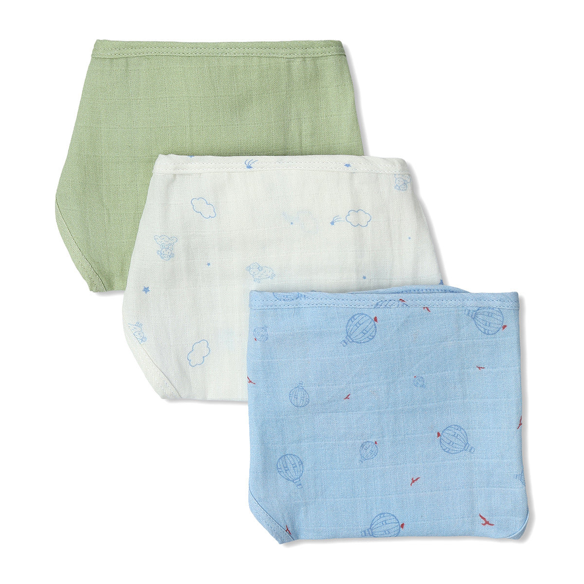 Baby Unisex Solid And Print Tie,Up Nappy Pack Of 3, Green, White And Blue