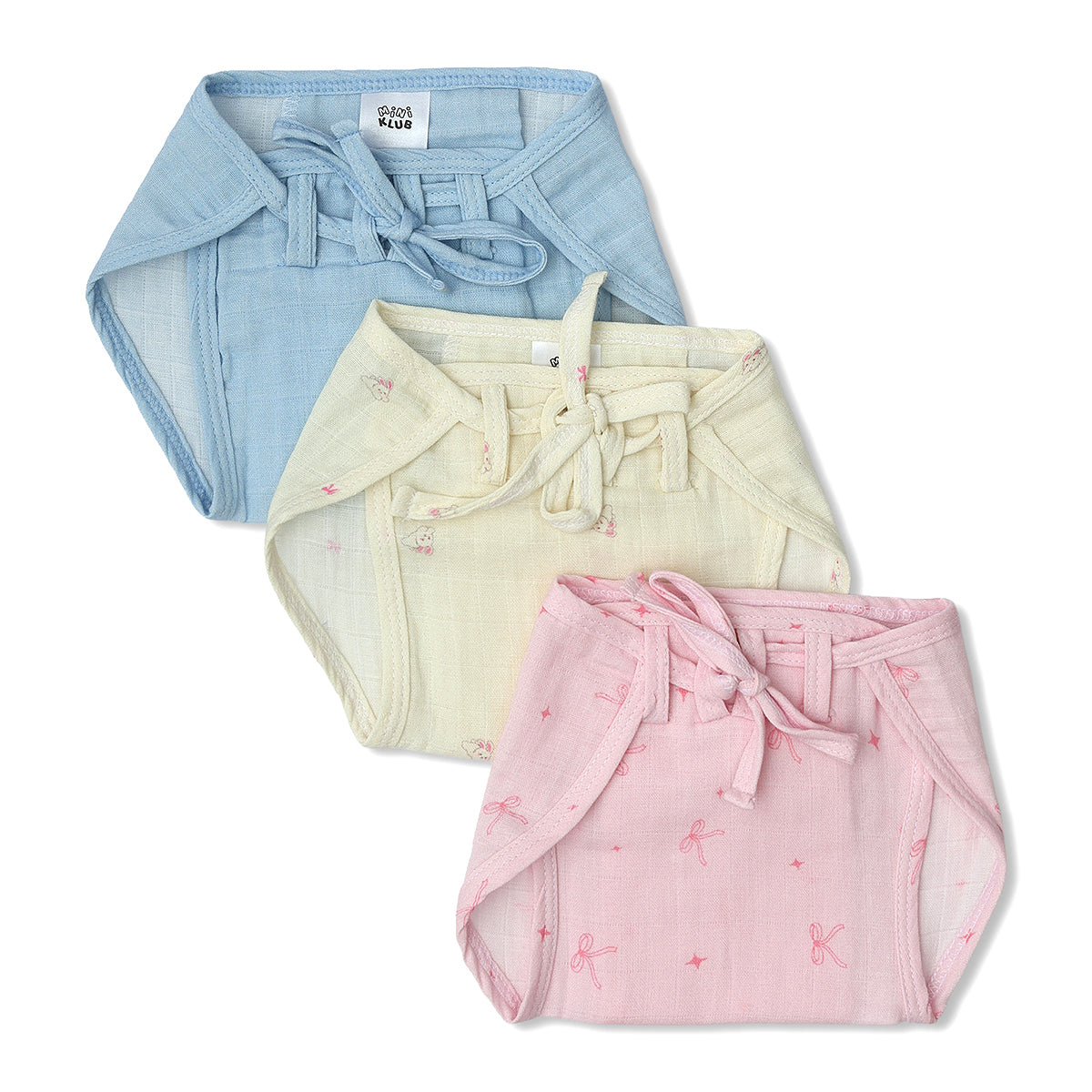 Baby Unisex Solid And Print Tie,Up Nappy Pack Of 3, Blue, Yellow And Pink