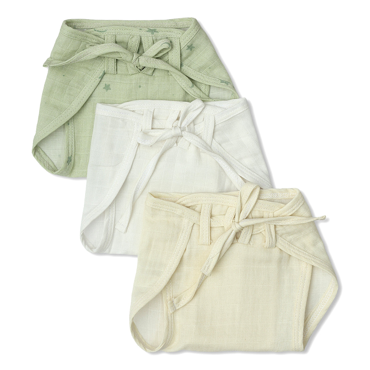 Baby Unisex Solid And Print Tie,Up Nappy Pack Of 3, Green, White And Yellow