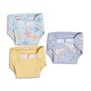 Baby Unisex Starfish Print, Seal Print And Solid Training Pants Pack Of 3, Blue And Yellow