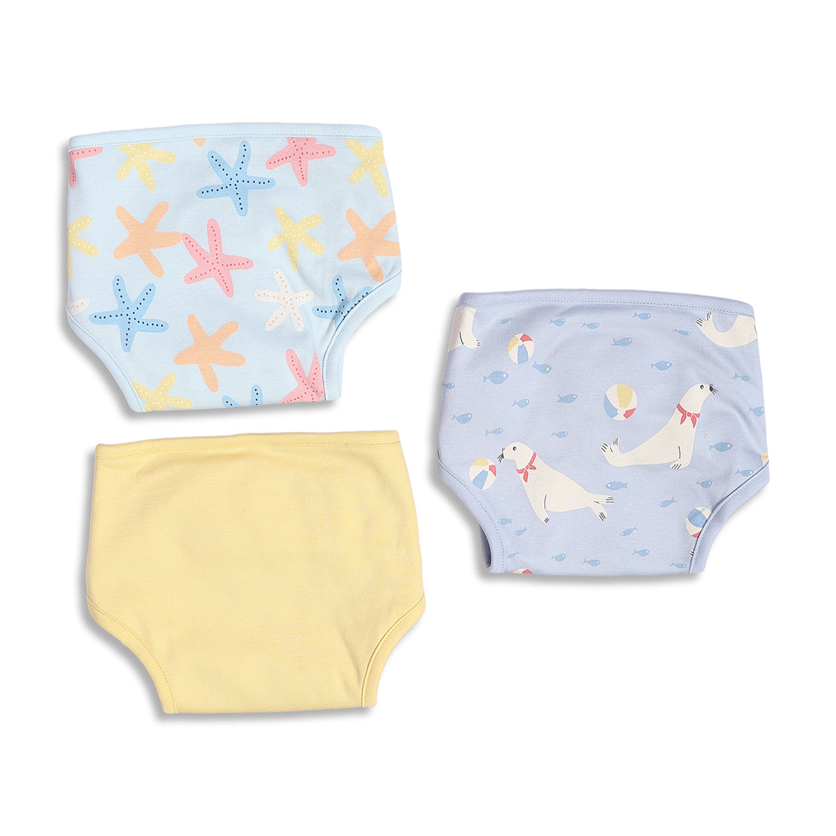 Baby Unisex Starfish Print, Seal Print And Solid Training Pants Pack Of 3, Blue And Yellow