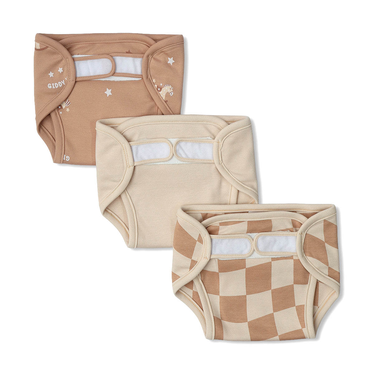 Baby Unisex Horse Print, Checkered Print And Solid Nappy Pack Of 3, Beige And Brown