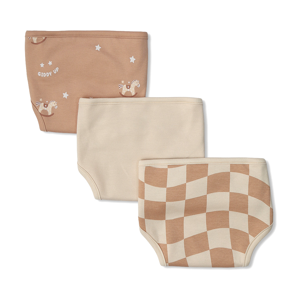 Baby Unisex Horse Print, Checkered Print And Solid Nappy Pack Of 3, Beige And Brown