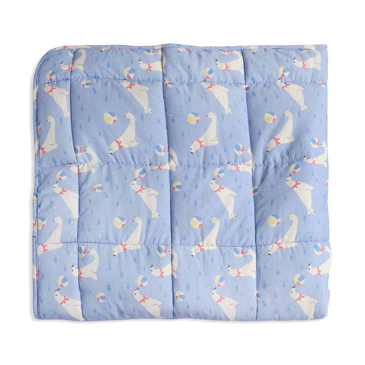 Baby Quilted Blanket With Seal And Ball Print In Blue
