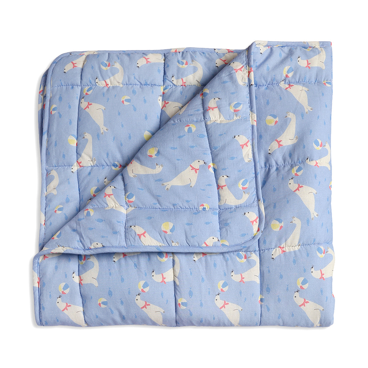 Baby Quilted Blanket With Seal And Ball Print In Blue