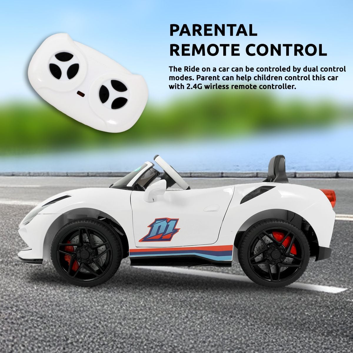 Kids White Plastic Battery Operated Ride-On Sports Car for Indoor and Outdoor Play