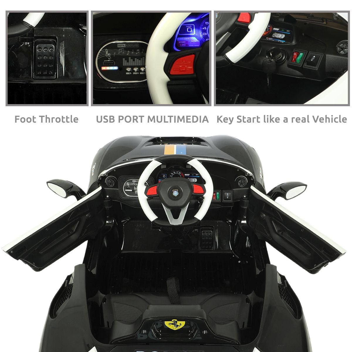 Kids Black Plastic Police Design Battery Operated Ride-On Sports Car for Indoor and Outdoor Play