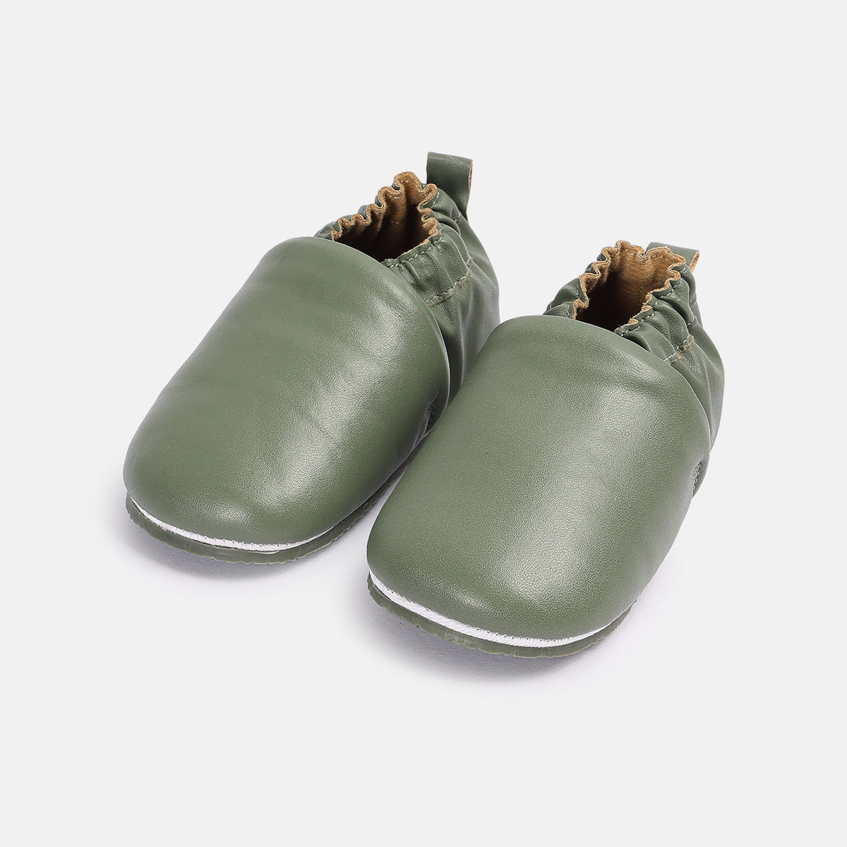 Baby Soft Sole Booties with Elasticated Ankle, Olive Green