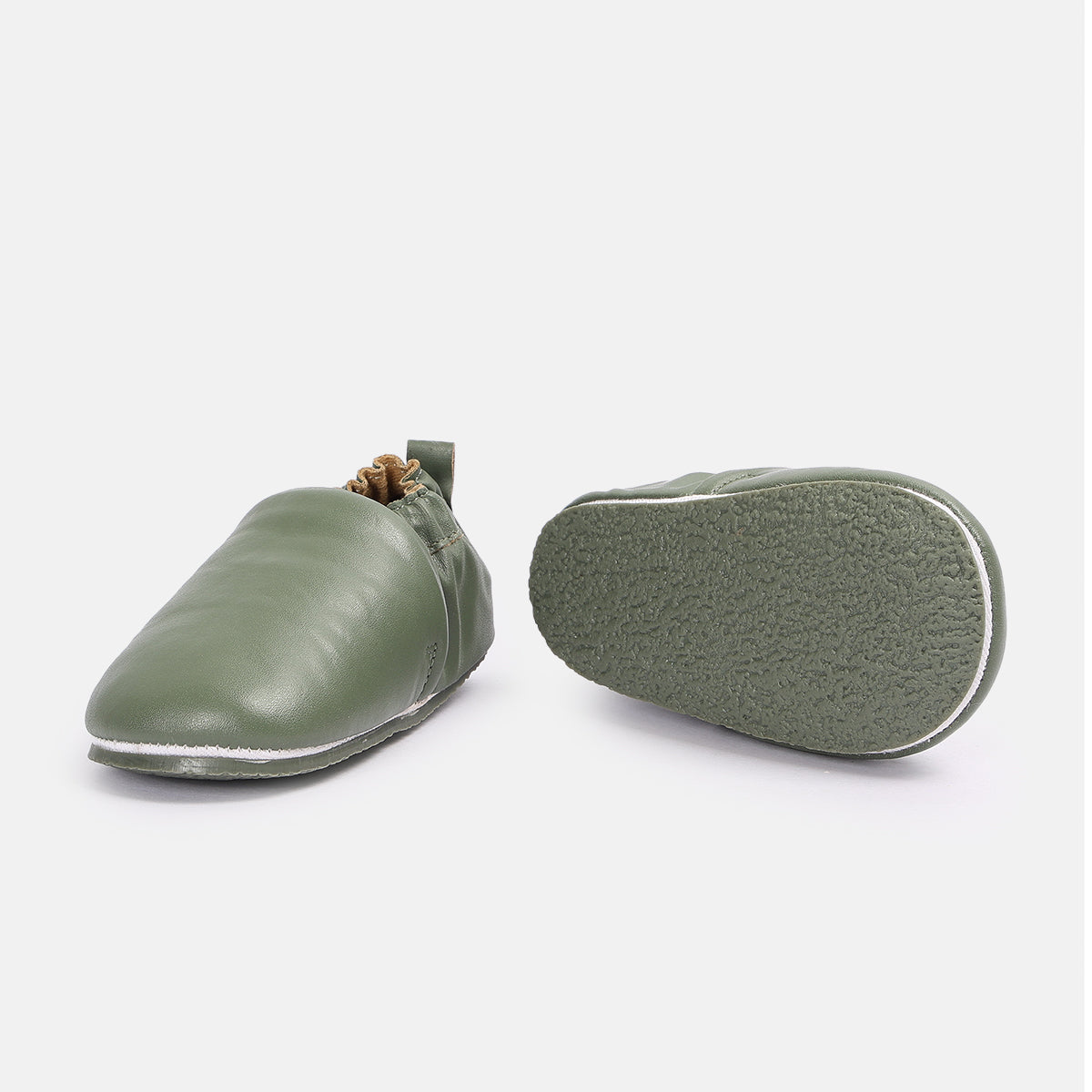 Baby Soft Sole Booties with Elasticated Ankle, Olive Green