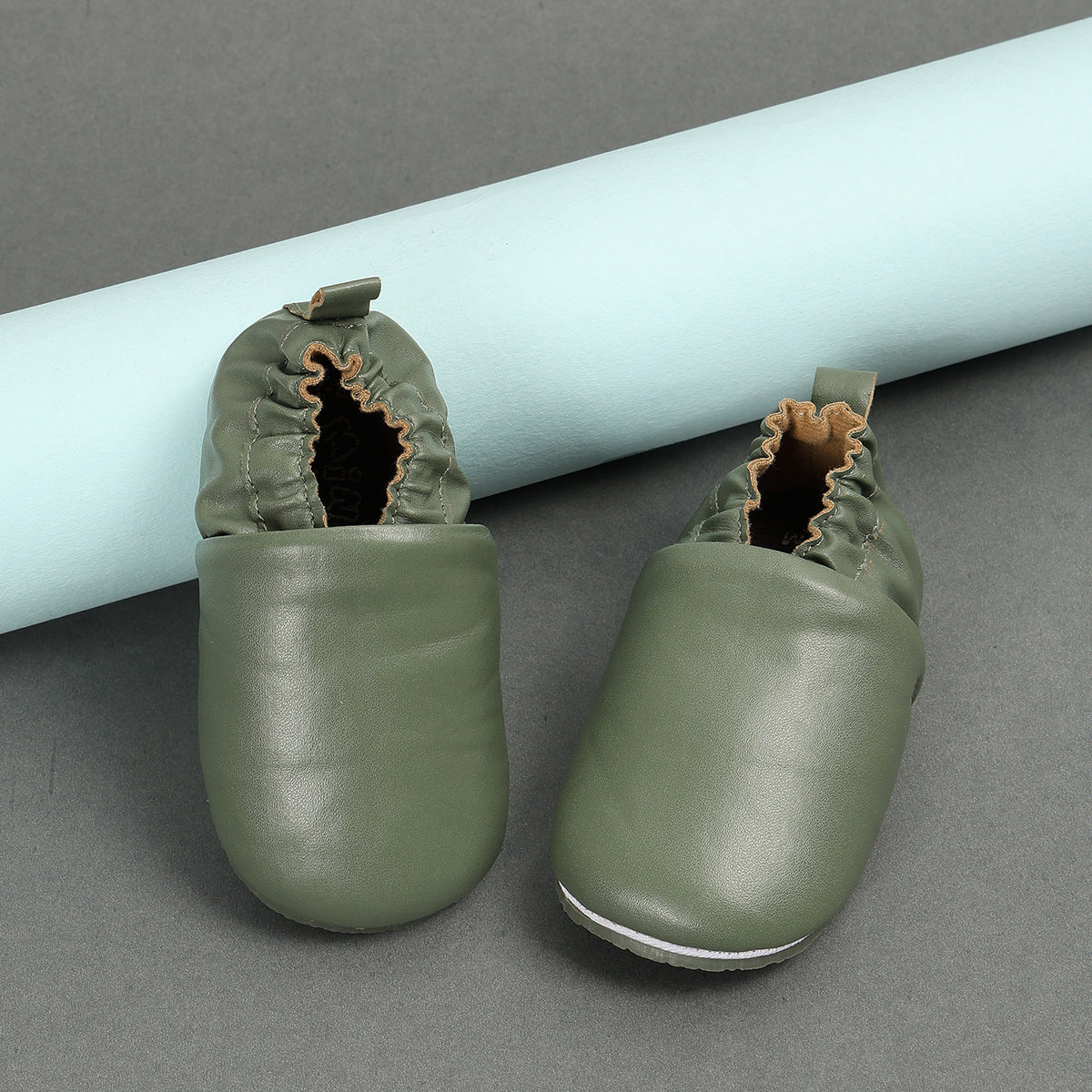 Baby Soft Sole Booties with Elasticated Ankle, Olive Green