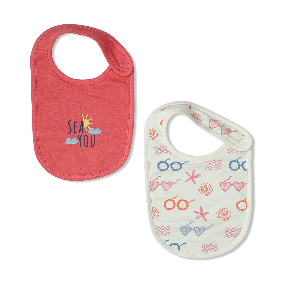 Baby Unisex Sea Print And Beach Print Bib Pack Of 2, Pink And Off White