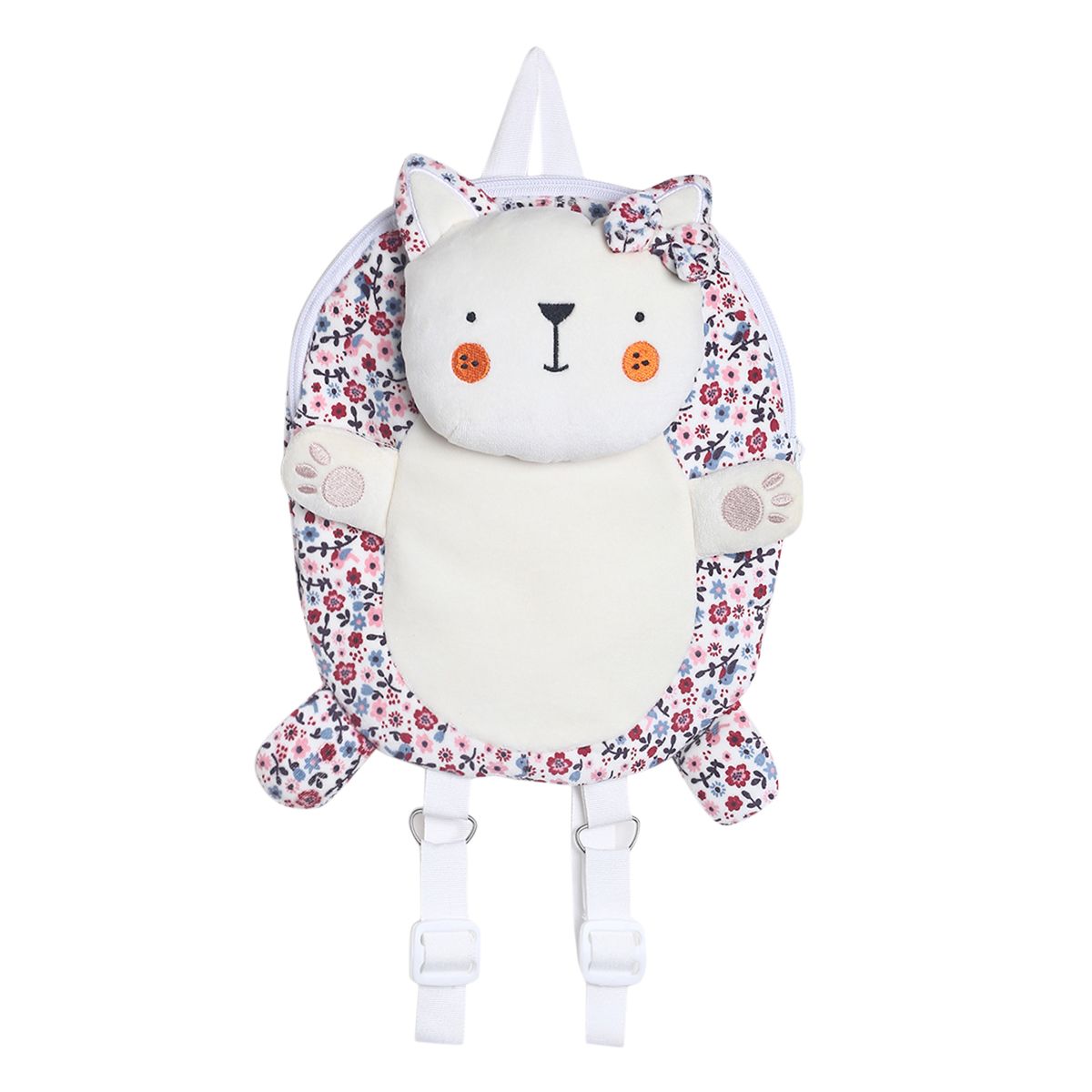 Girls White Floral Plush Backpack with Adjustable Straps Cute Cat Design Backpack