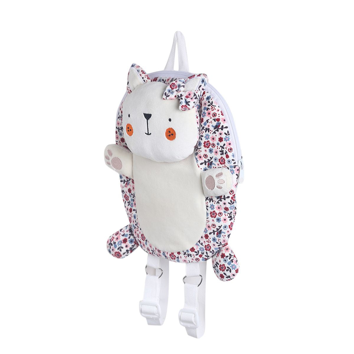 Girls White Floral Plush Backpack with Adjustable Straps Cute Cat Design Backpack