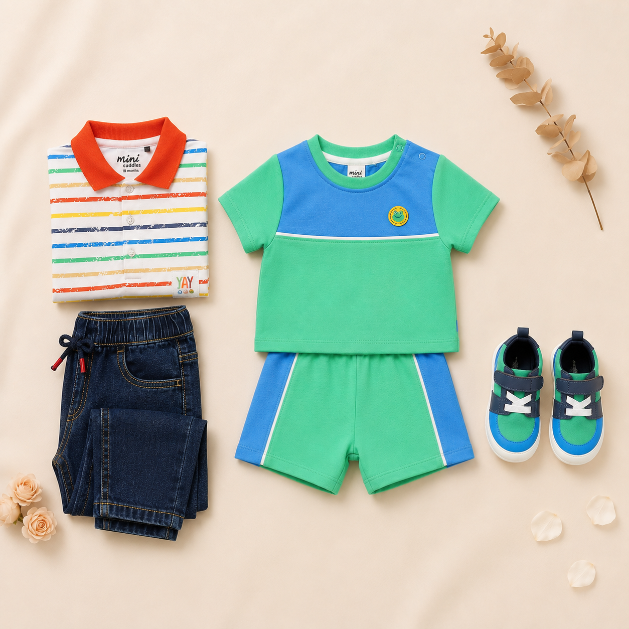 Baby Boys 2-Look Colourblock Outfit Bundle with Casual Shoes - Multicolour