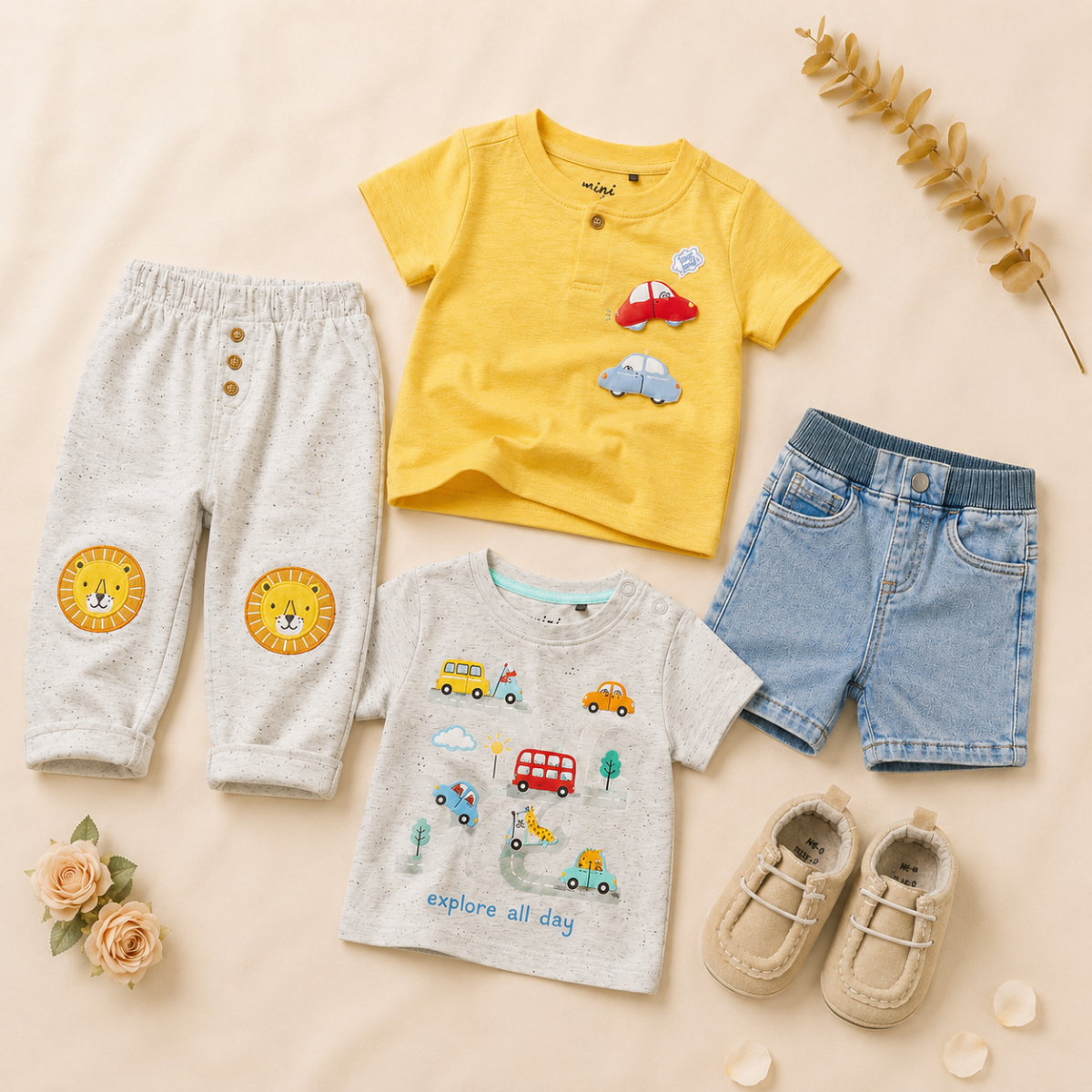 Baby Boys 2-Look Casual Outfit Bundle with Denim Shorts & Soft Sole Shoes - Multicolour