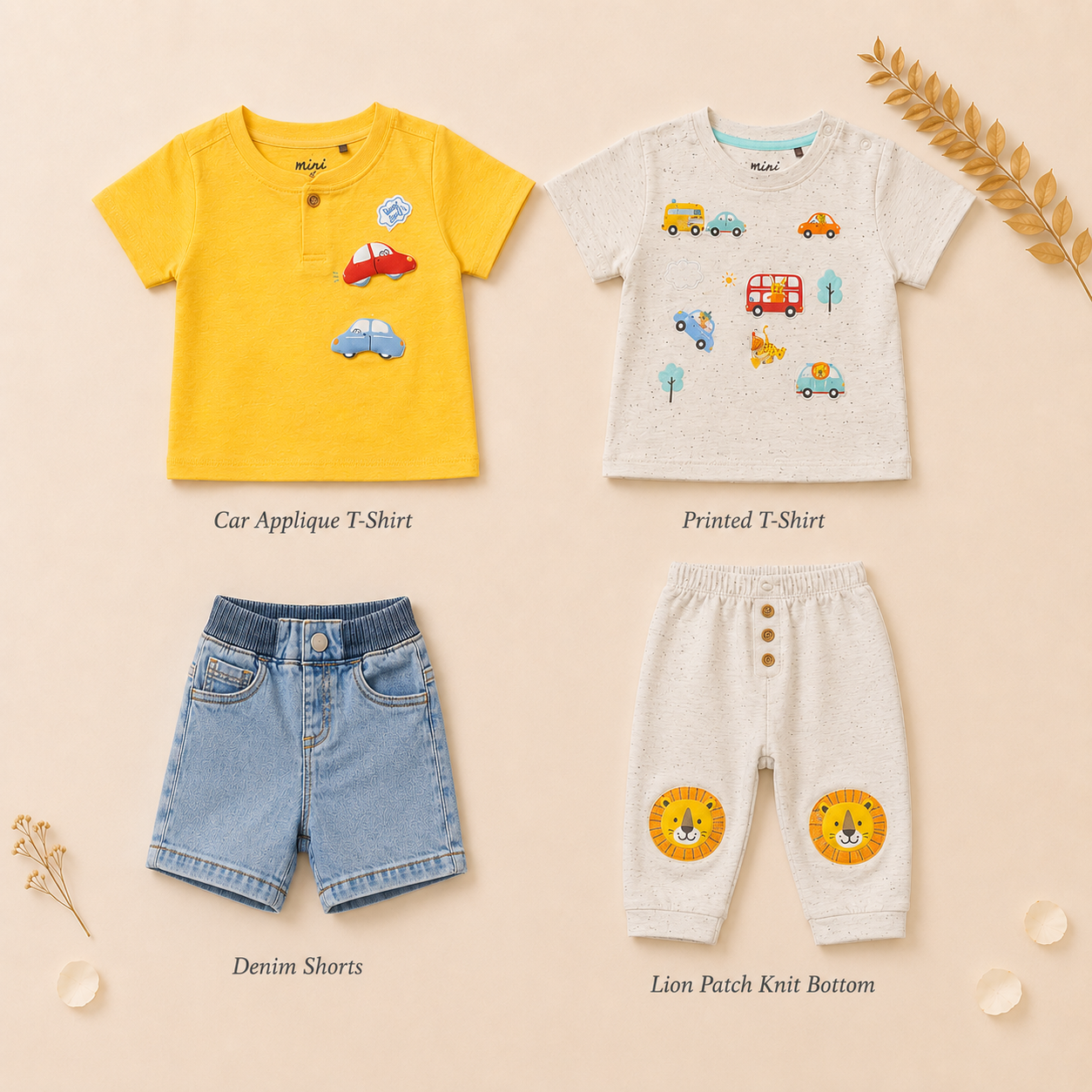 Baby Boys 2-Look Casual Outfit Bundle with Denim Shorts & Knit Bottom - Multicolour
