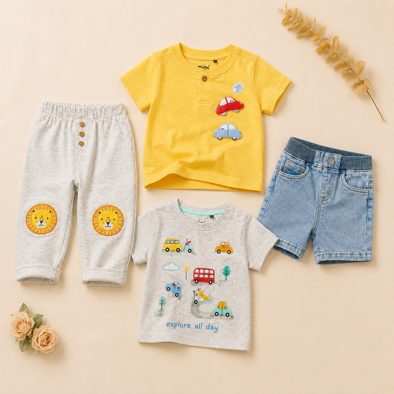 Baby Boys 2-Look Casual Outfit Bundle with Denim Shorts & Knit Bottom - Multicolour