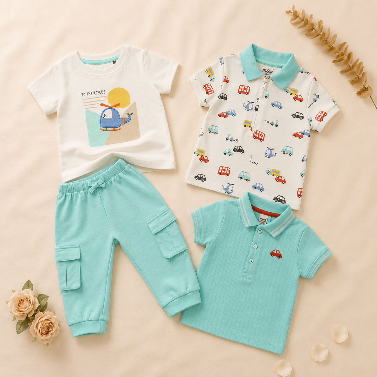 Baby Boys Polo Outfit Bundle with Graphic Co-ord Set - Multicolour