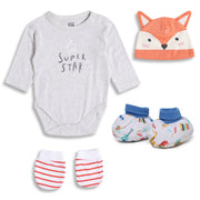 Baby Unisex Grey Super Star Bodysuit Gift Set with Cap, Mittens and Booties