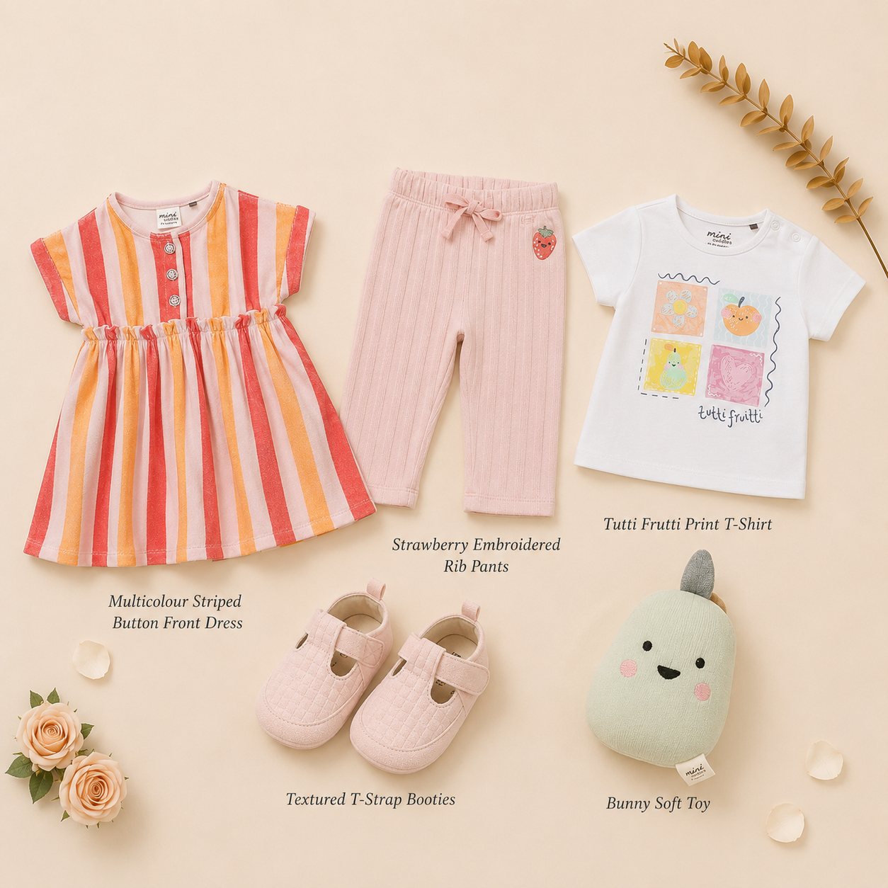 Baby Girls 2-Look Casual Outfit Bundle with Booties & Soft Toy - Multicolour