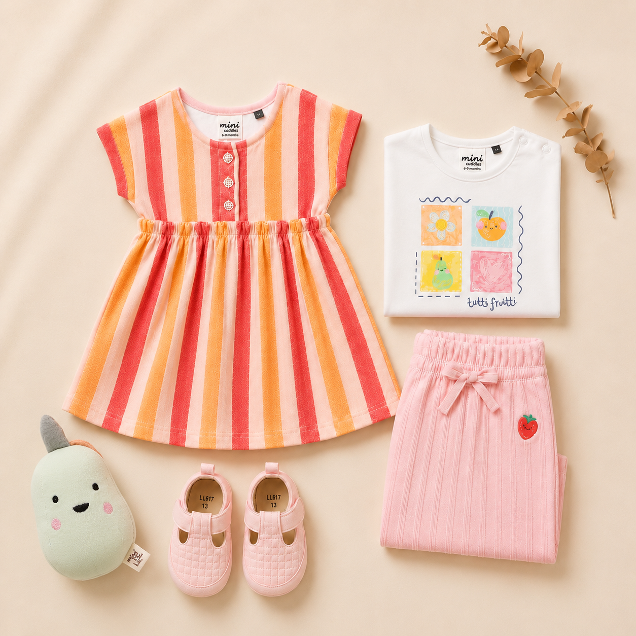 Baby Girls 2-Look Casual Outfit Bundle with Booties & Soft Toy - Multicolour