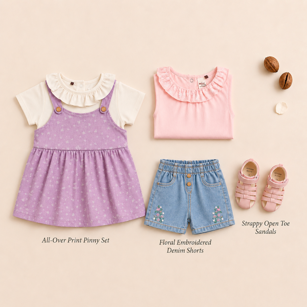 Baby Girls 2-Look Casual Outfit Bundle with Denim Shorts & Sandals - Multicolour