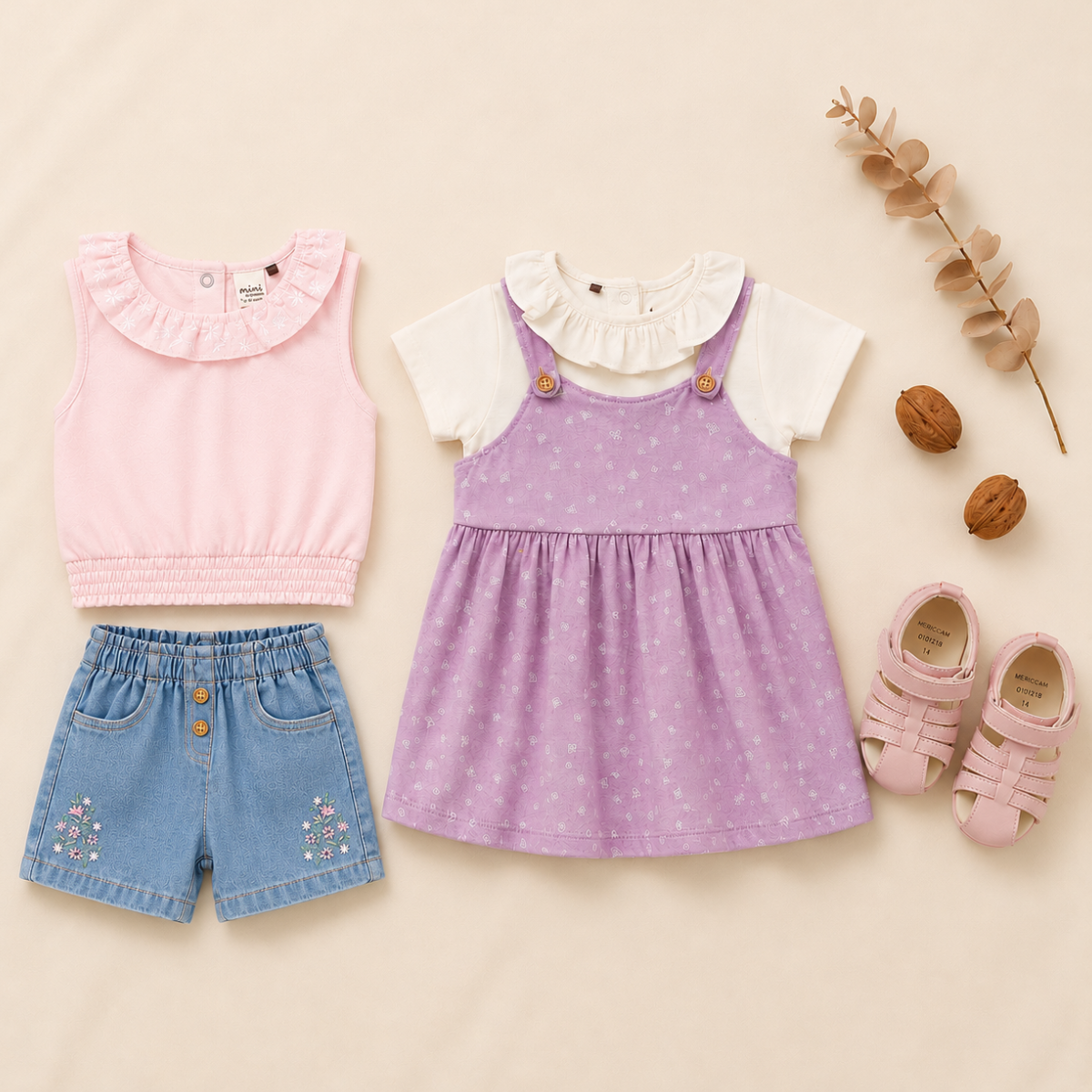 Baby Girls 2-Look Casual Outfit Bundle with Denim Shorts & Sandals - Multicolour